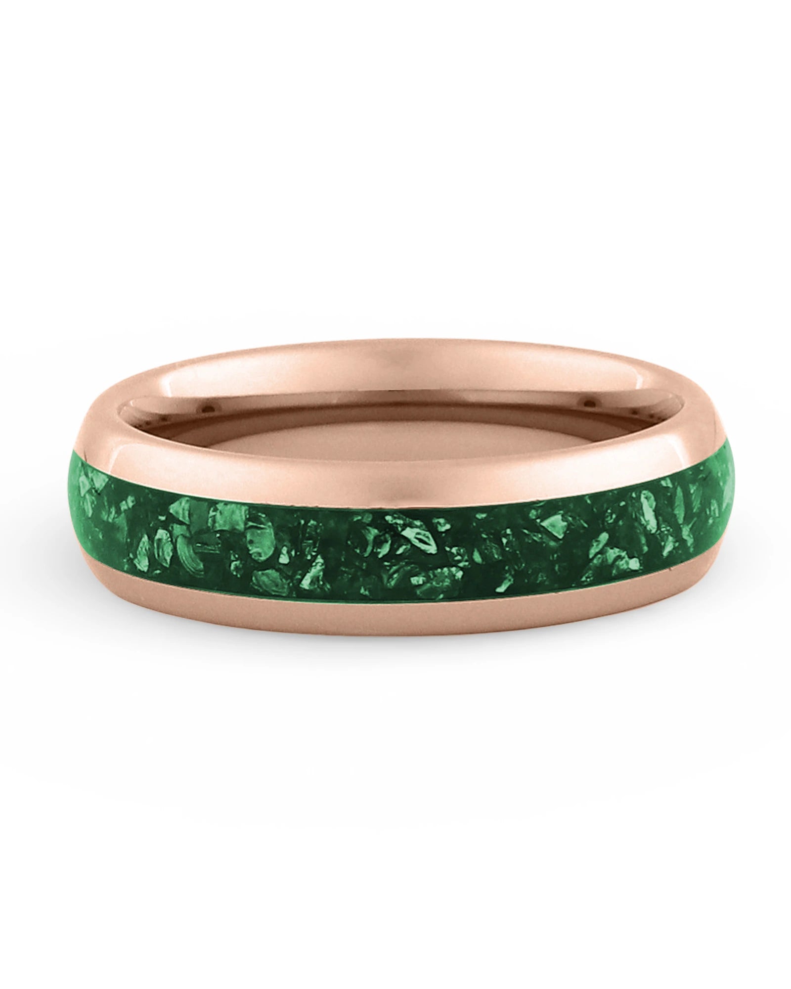 Rose gold 6mm tungsten ring with green emerald inlay shown at an angle