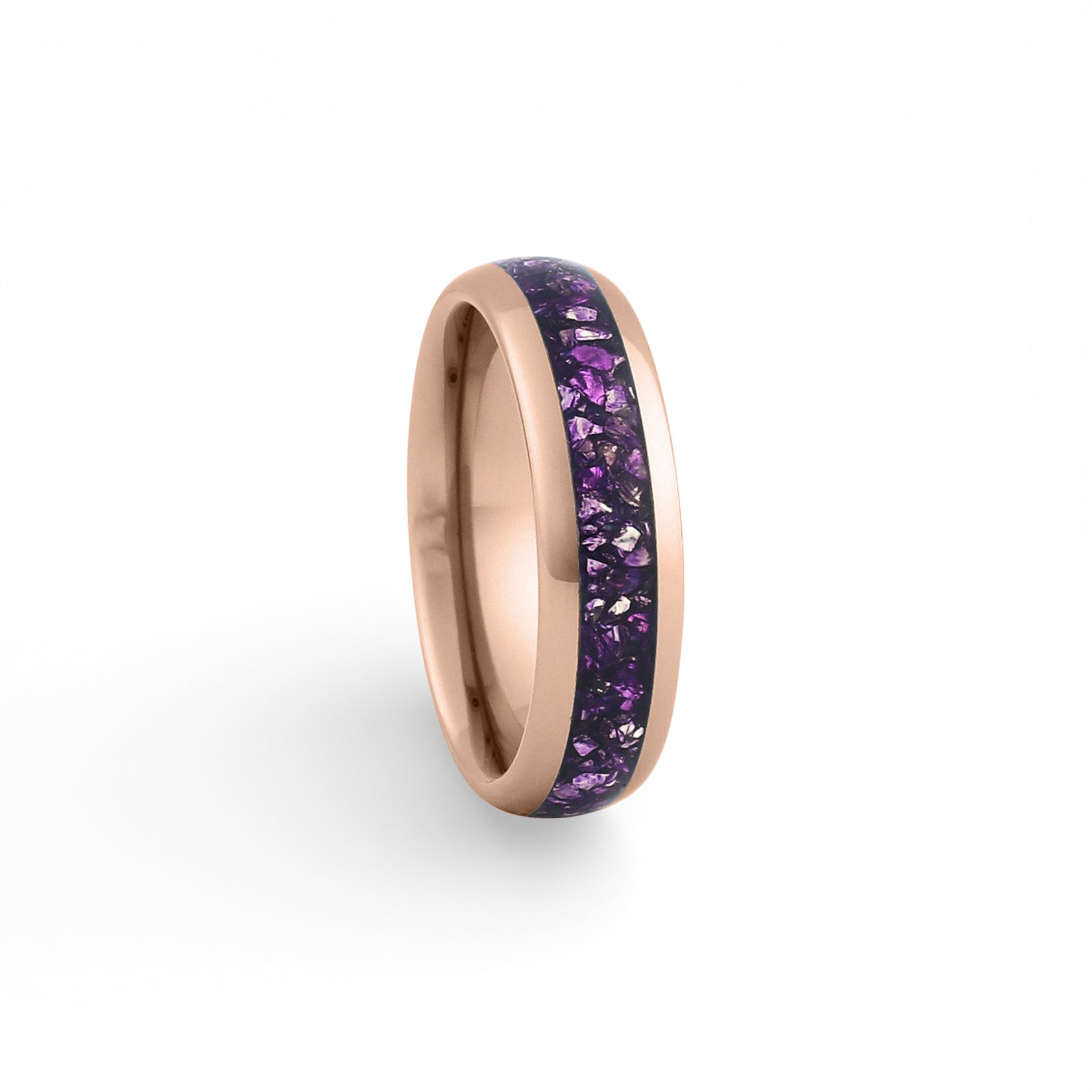 6mm rose gold amethyst wedding band with polished finish