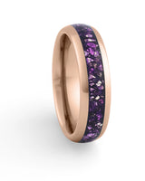 Rose gold 6mm tungsten ring with amethyst inlay shown at an angle