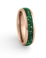 Front view of rose gold 6mm emerald tungsten wedding band