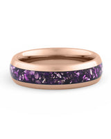 Front view of rose gold 6mm amethyst tungsten wedding band