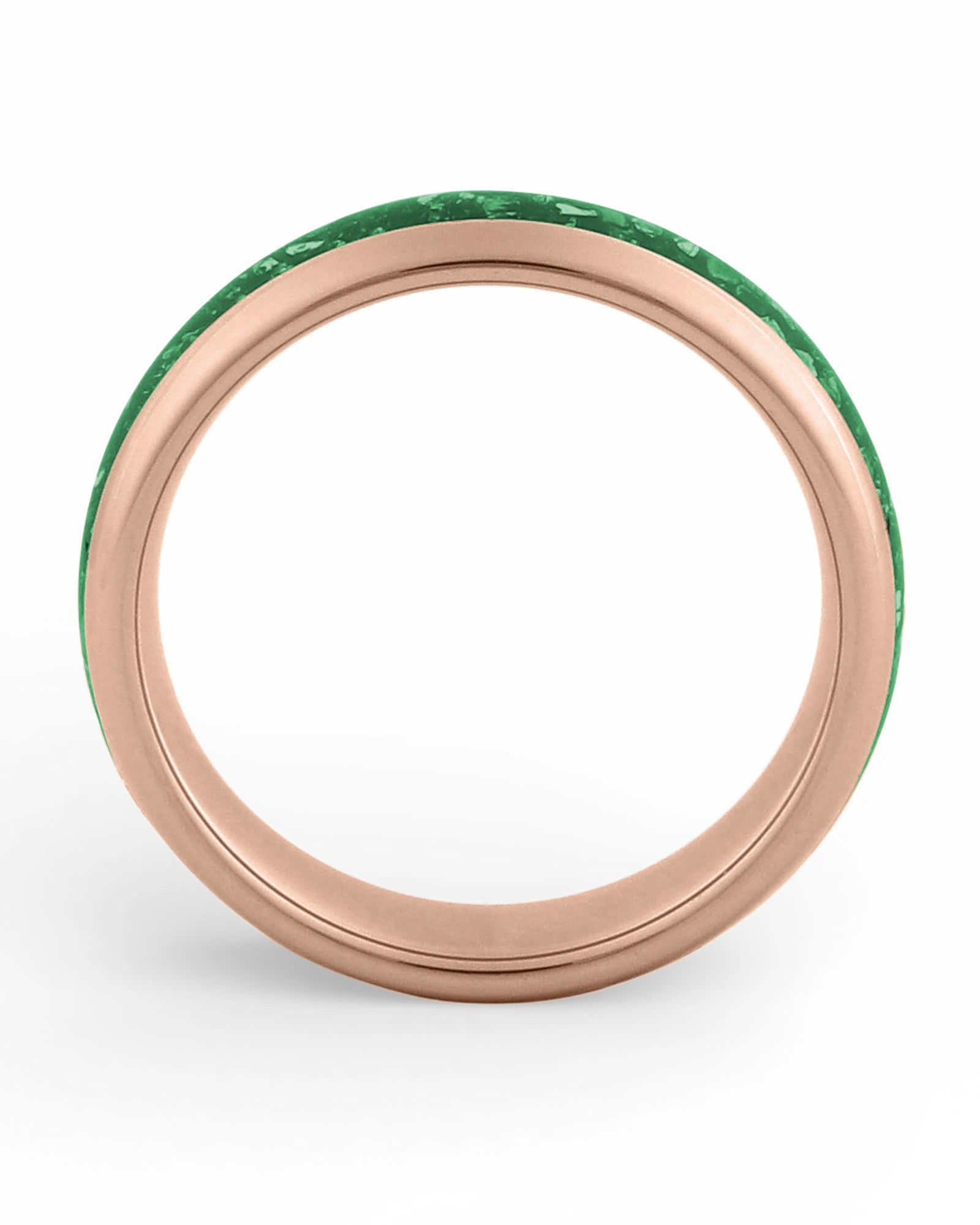 Side view of rose gold 6mm tungsten wedding ring with emerald inlay