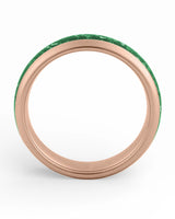 Side view of rose gold 6mm tungsten wedding ring with emerald inlay