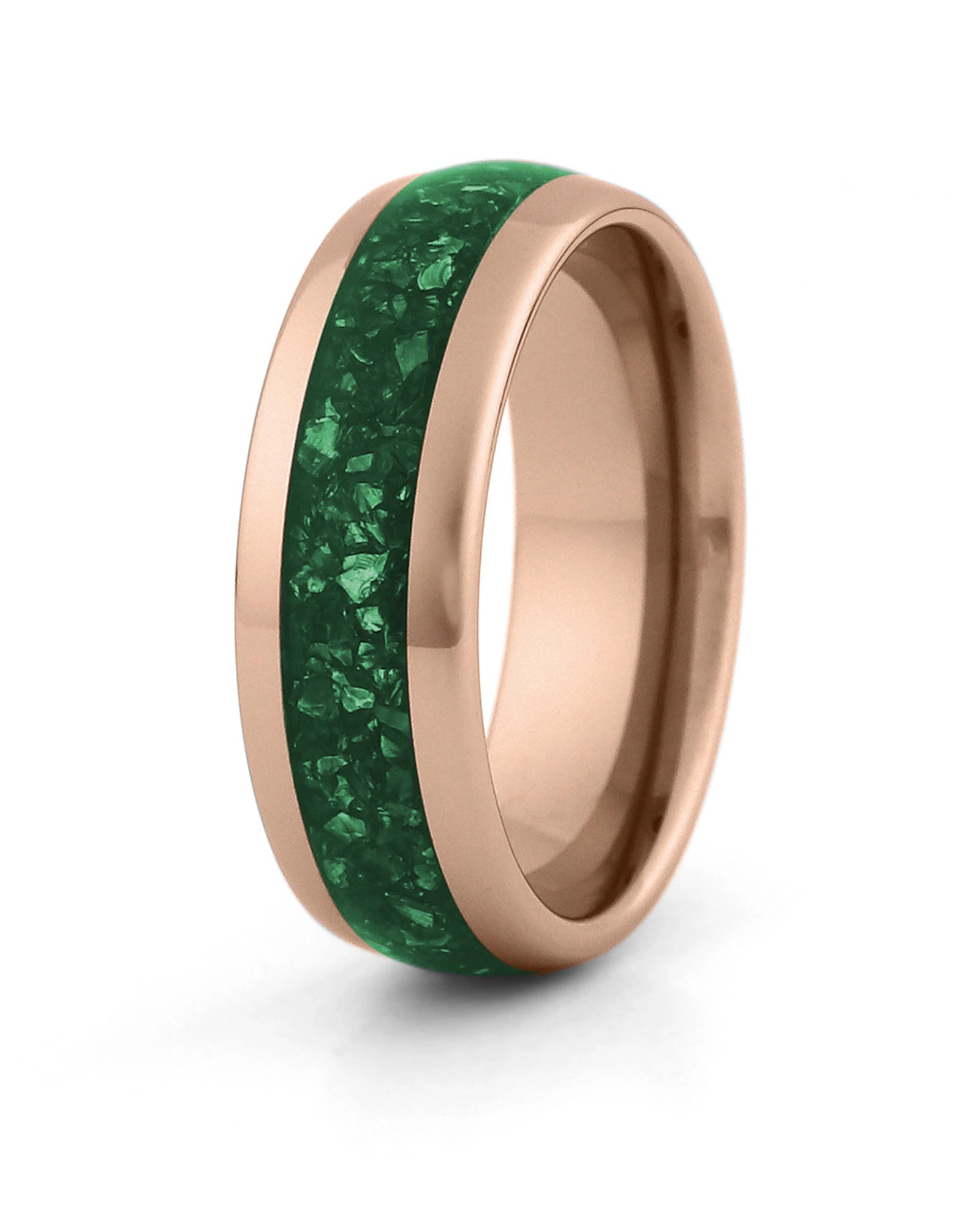 Men's rose gold tungsten wedding ring with emerald stone inlay, 8mm band