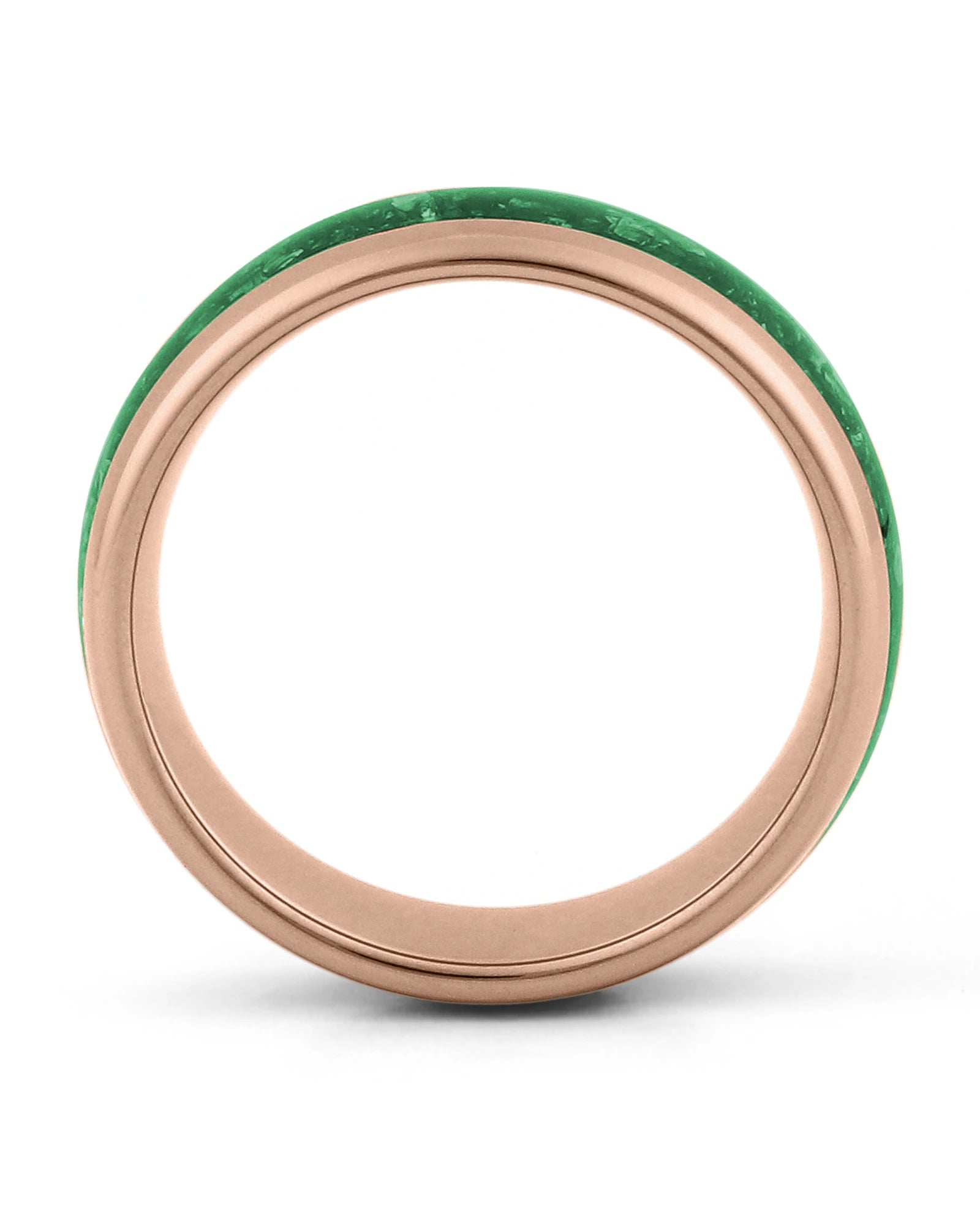 Side view of rose gold 8mm tungsten wedding ring with emerald inlay
