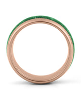 Side view of rose gold 8mm tungsten wedding ring with emerald inlay