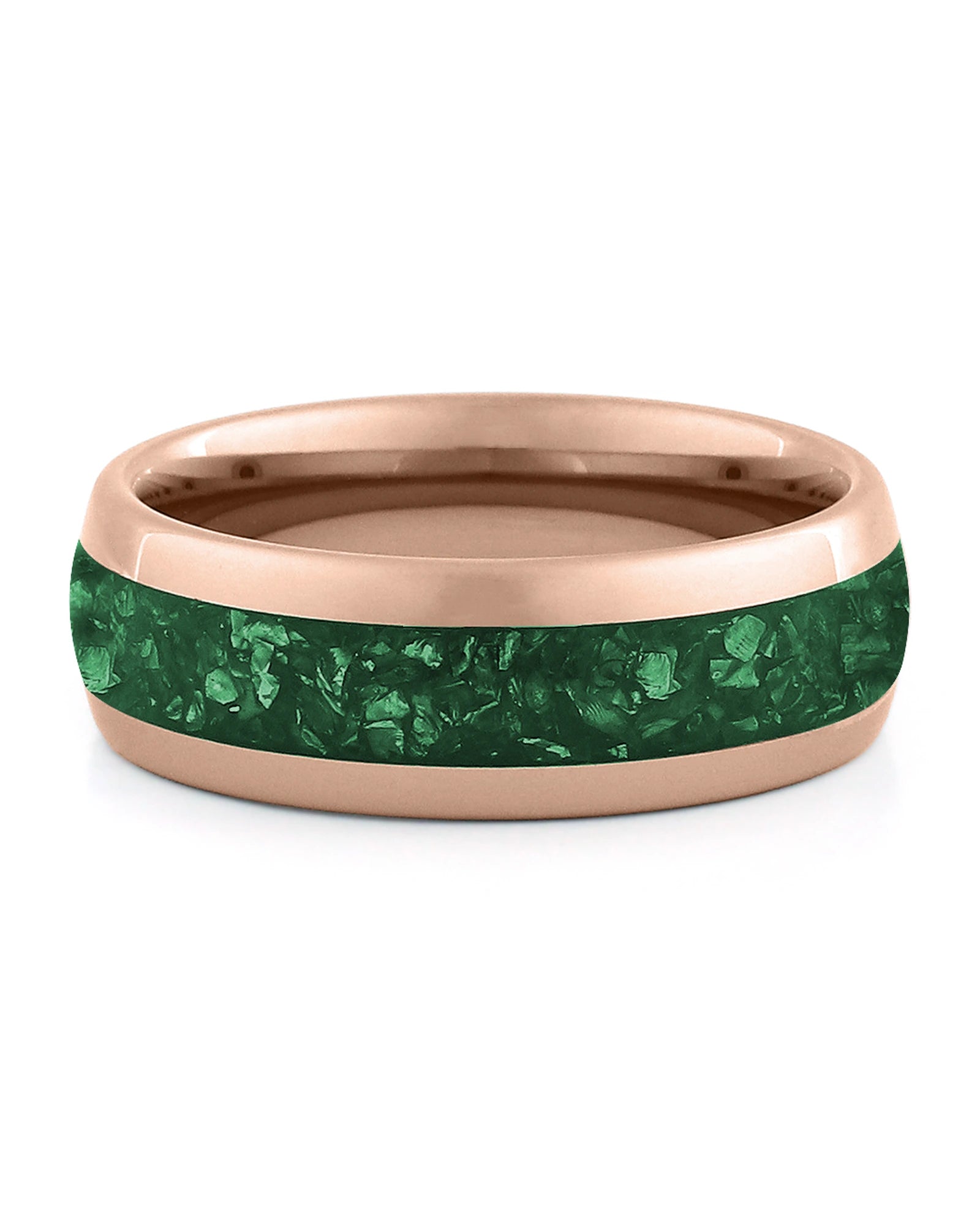 Front view of rose gold 8mm emerald tungsten wedding band