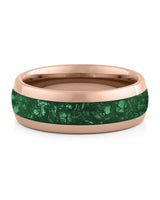 Front view of rose gold 8mm emerald tungsten wedding band
