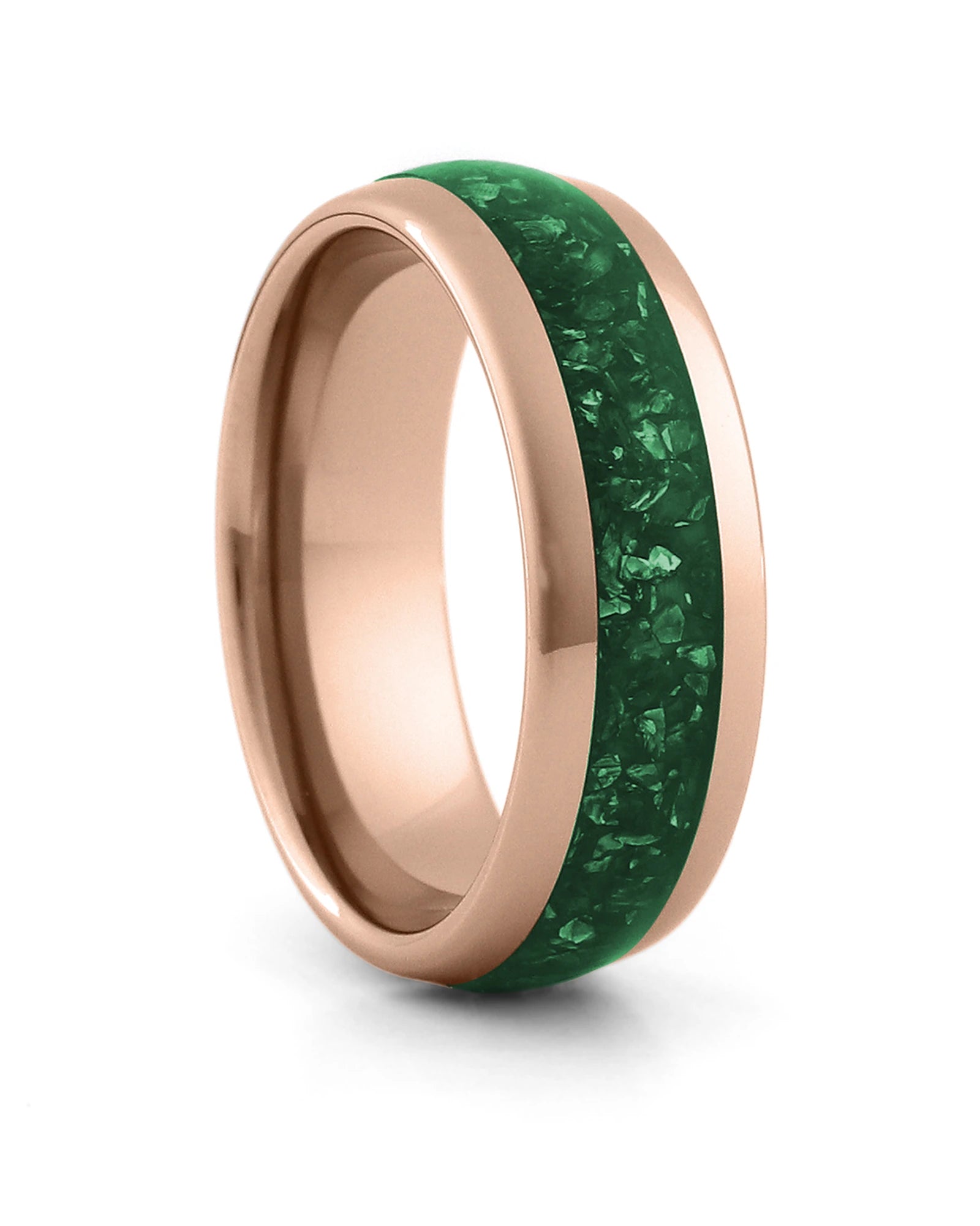 Rose gold 8mm tungsten ring with green emerald inlay shown at an angle