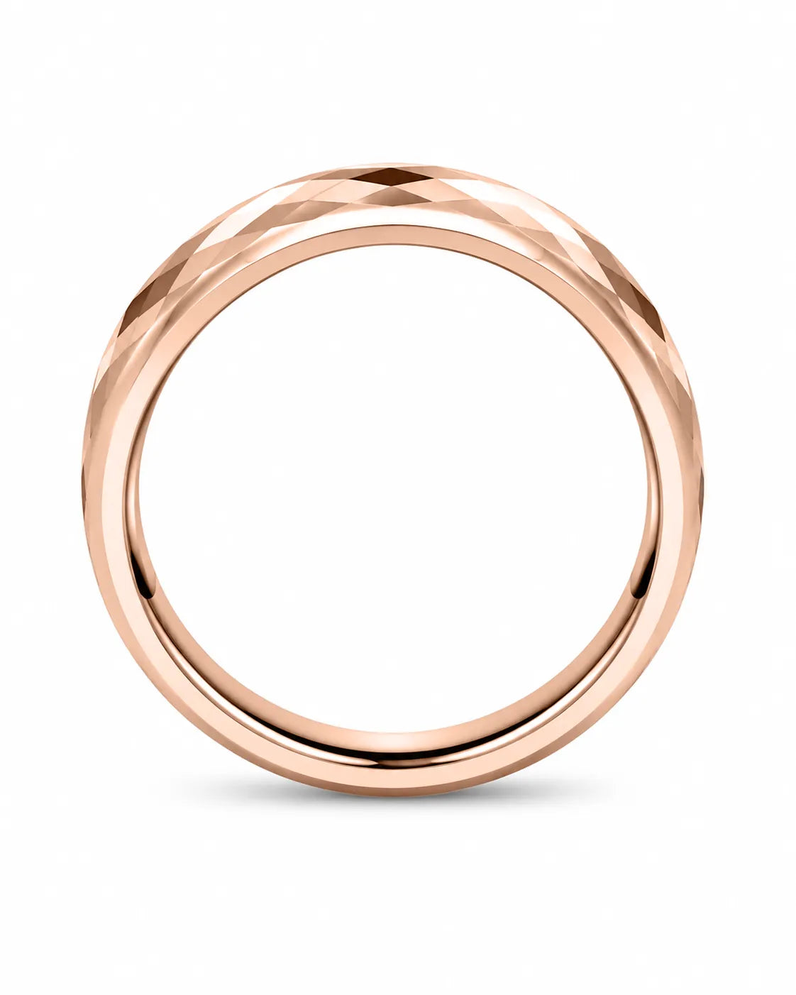 Side profile of rose gold 4mm faceted tungsten ring showing its band width