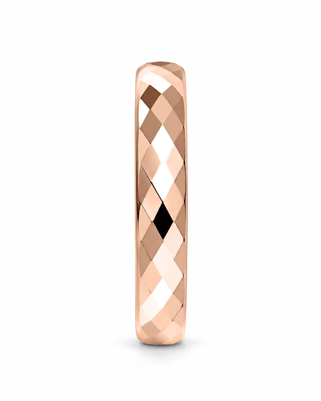 Front view of rose gold 4mm faceted tungsten wedding band