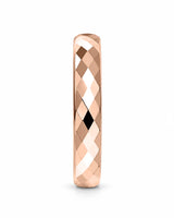 Front view of rose gold 4mm faceted tungsten wedding band