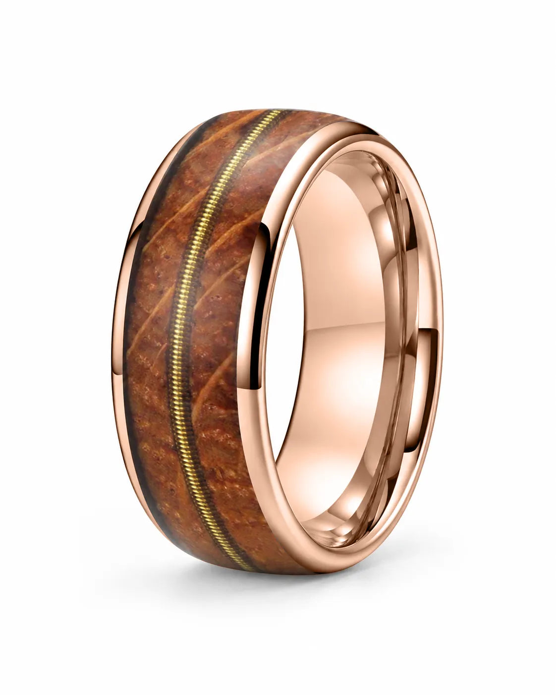 Men's rose gold tungsten wedding ring with whiskey barrel wood and guitar string inlay
