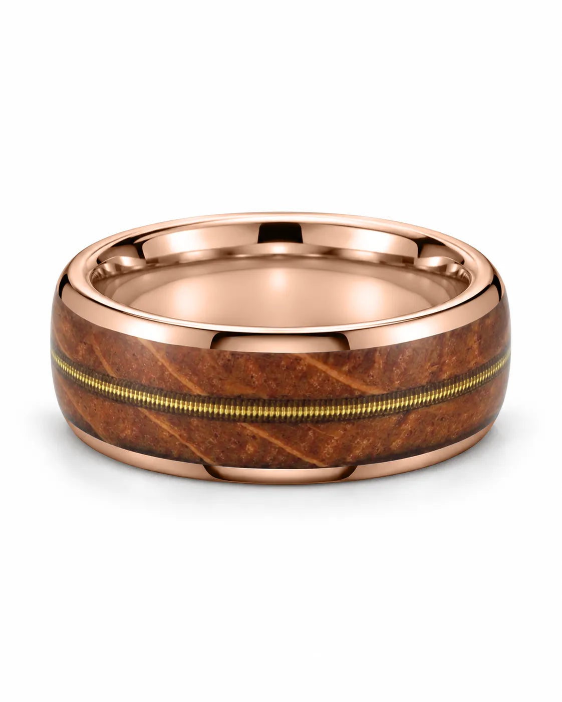 Rose gold guitar string wedding band lying flat, showing the wood inlay and polished interior
