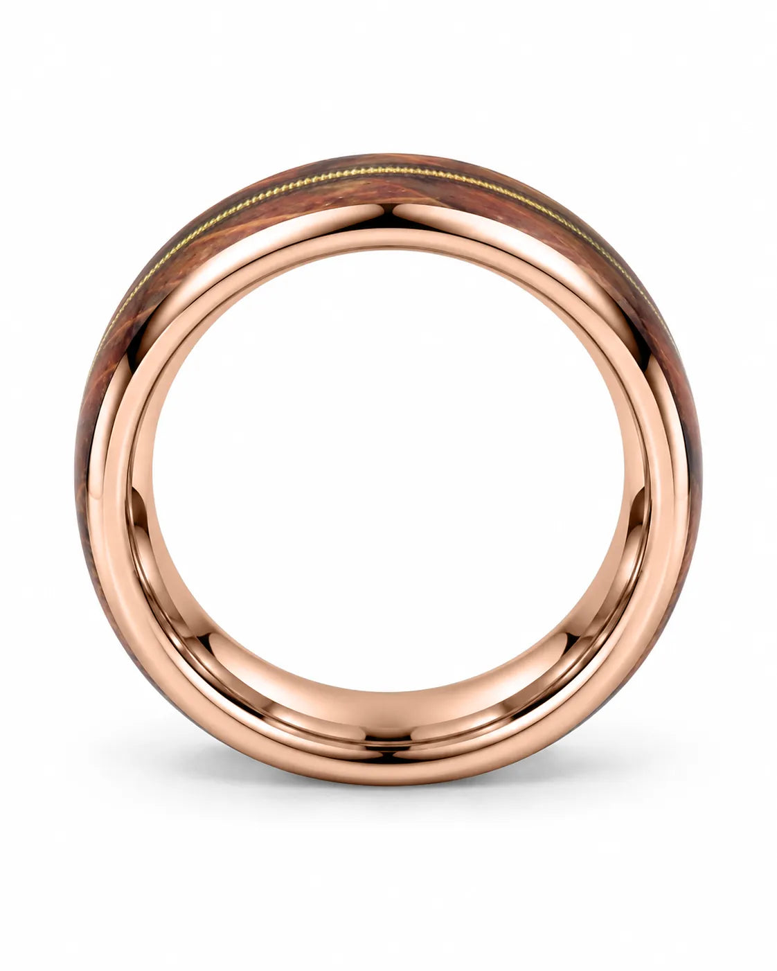 Side profile of rose gold guitar string wedding band showing the wood inlay and polished edges