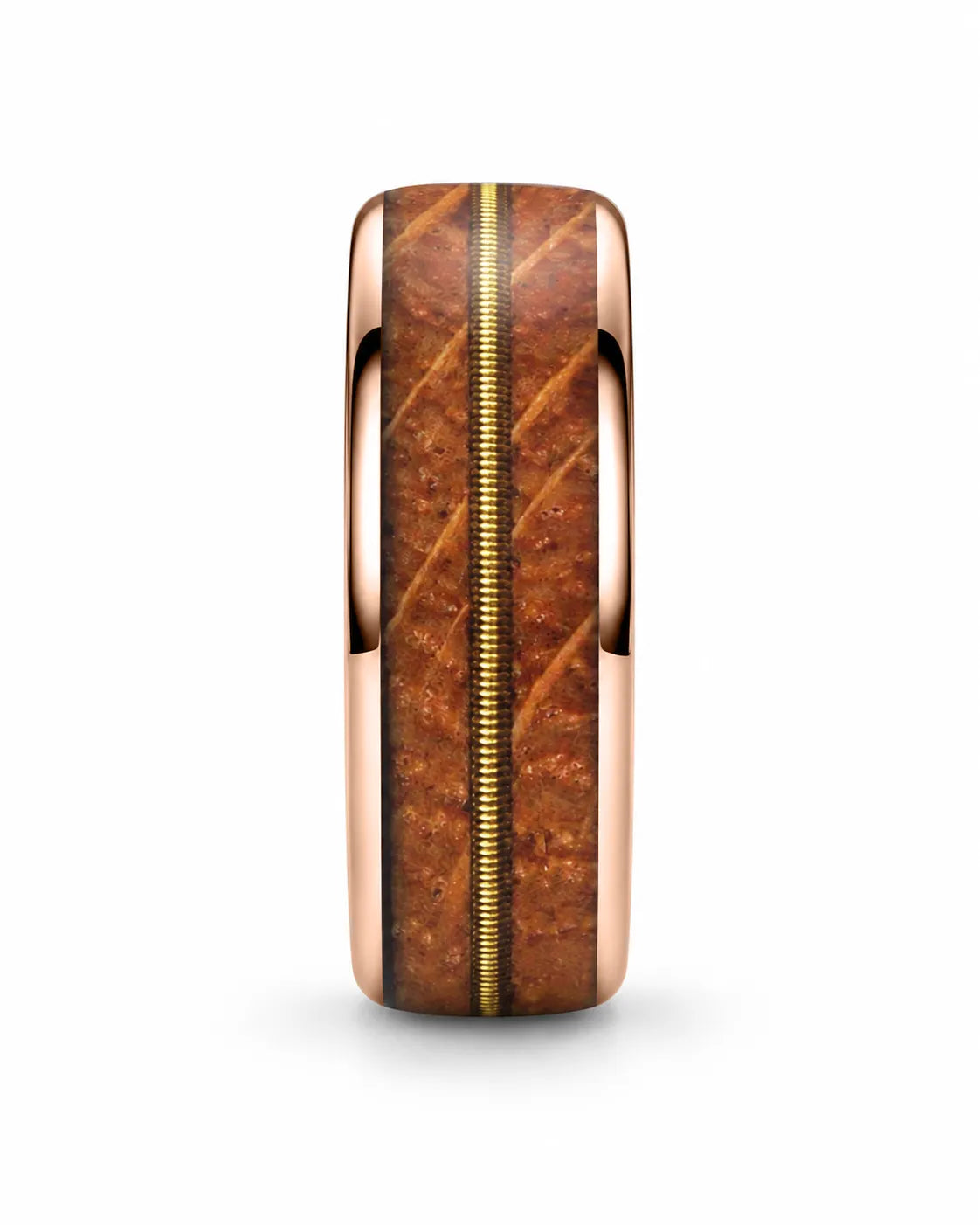 Front view of rose gold tungsten wedding ring with whiskey barrel wood and guitar string