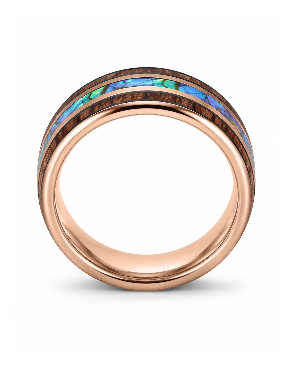 Front view of koa wood and abalone shell tungsten ring