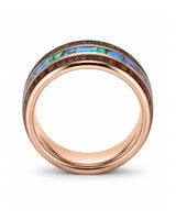 Front view of koa wood and abalone shell tungsten ring