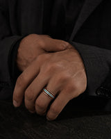 Man wearing a rose gold Koa wood and abalone shell tungsten ring