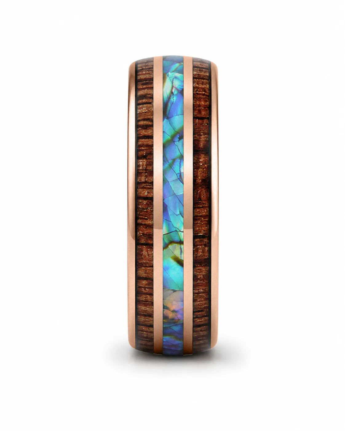 Side profile of koa wood and abalone shell tungsten ring showing the band width