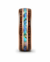 Side profile of koa wood and abalone shell tungsten ring showing the band width