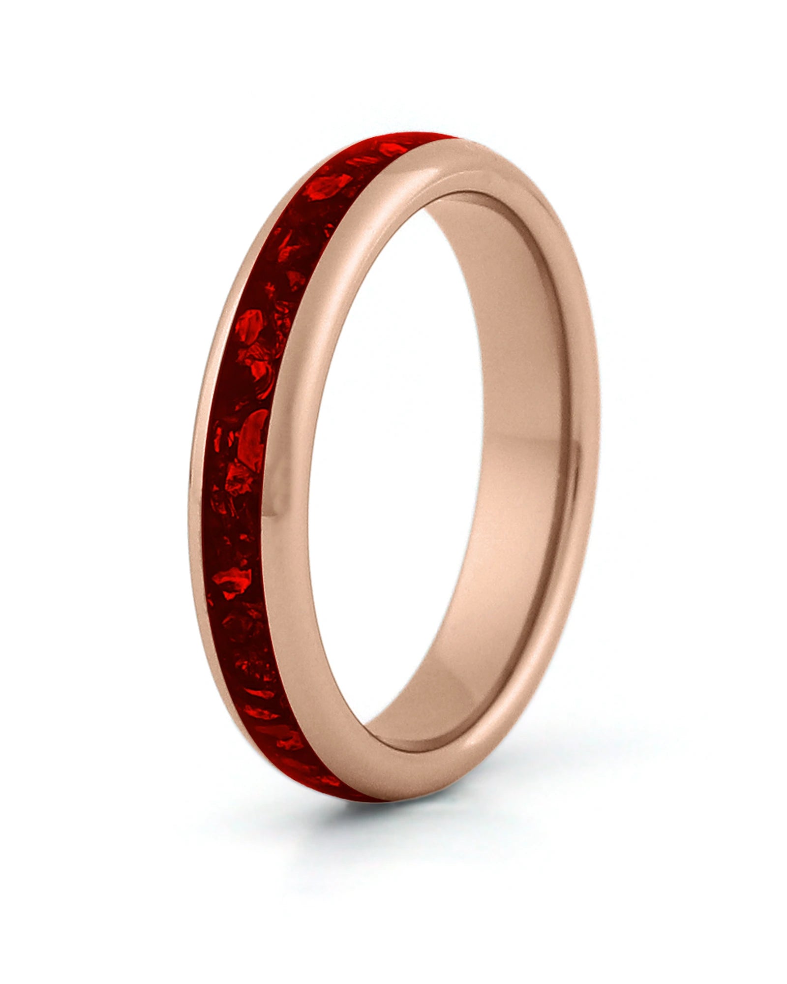 Rose gold tungsten wedding ring with red ruby stone inlay, 4mm band