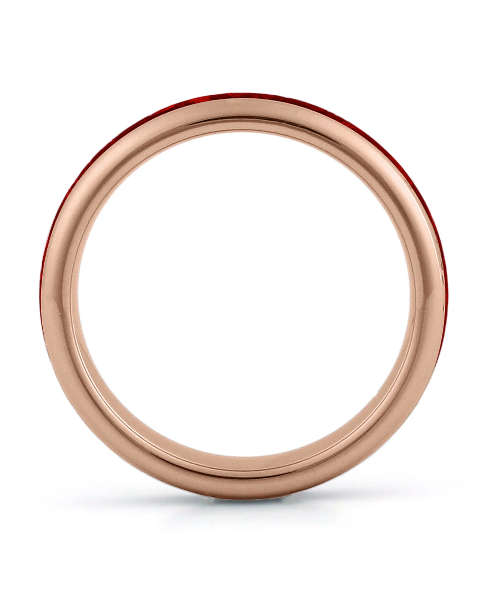 Side view of rose gold 4mm tungsten wedding ring with ruby inlay