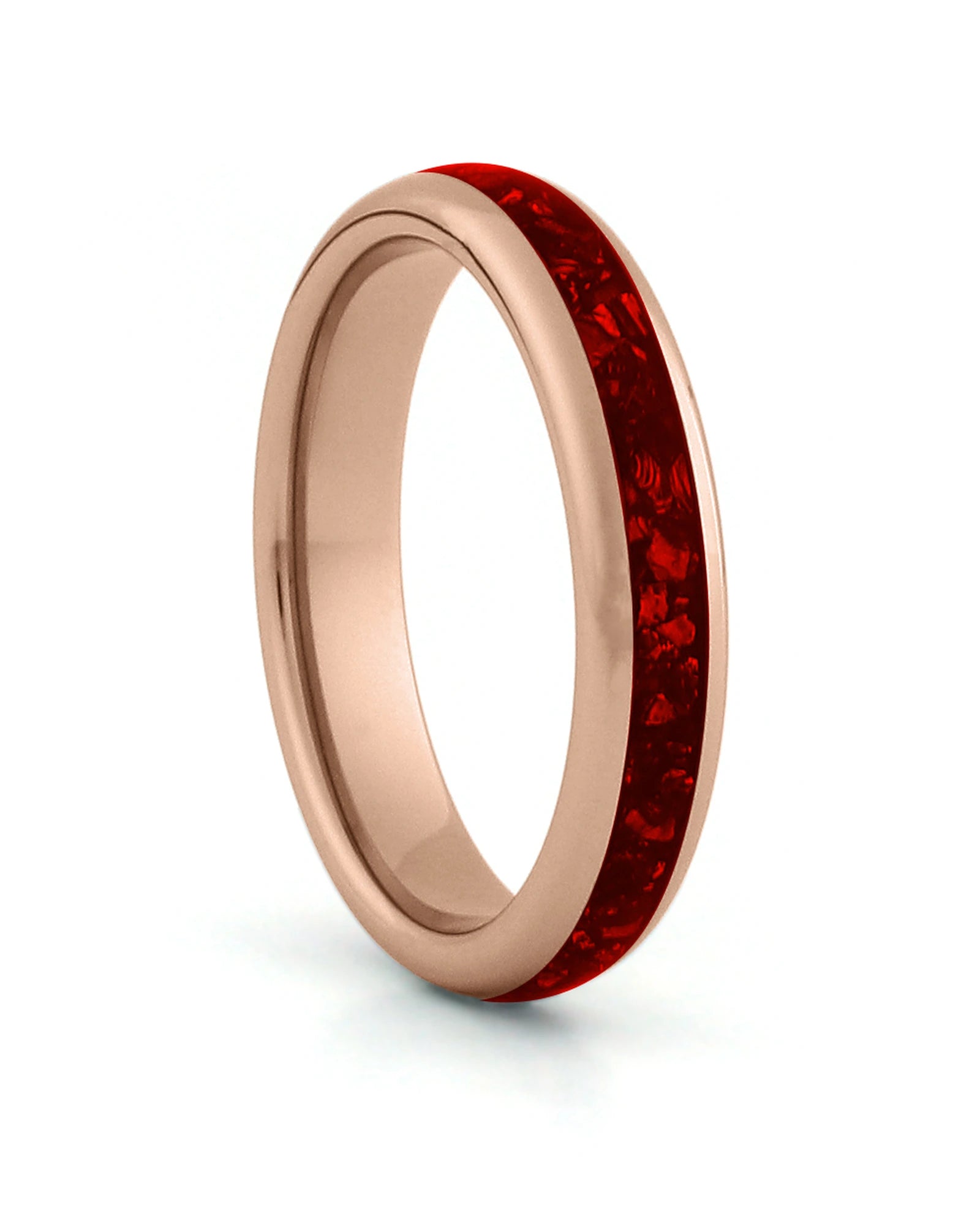 Rose gold 4mm tungsten ring with red ruby inlay shown at an angle