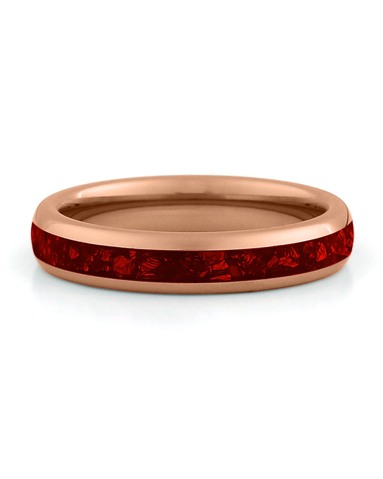 Front view of rose gold 4mm ruby tungsten wedding band
