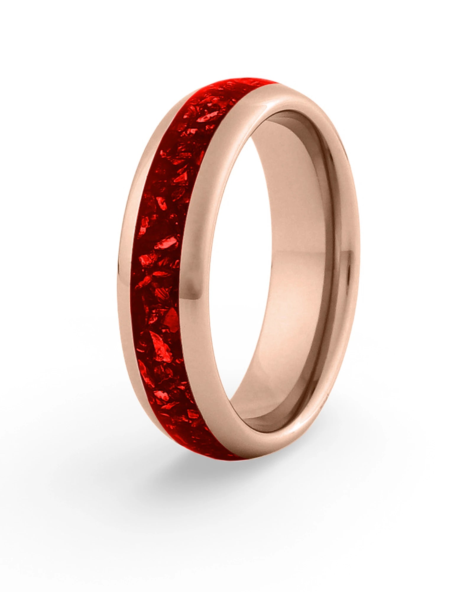 Men's rose gold tungsten wedding ring with ruby stone inlay, 6mm band