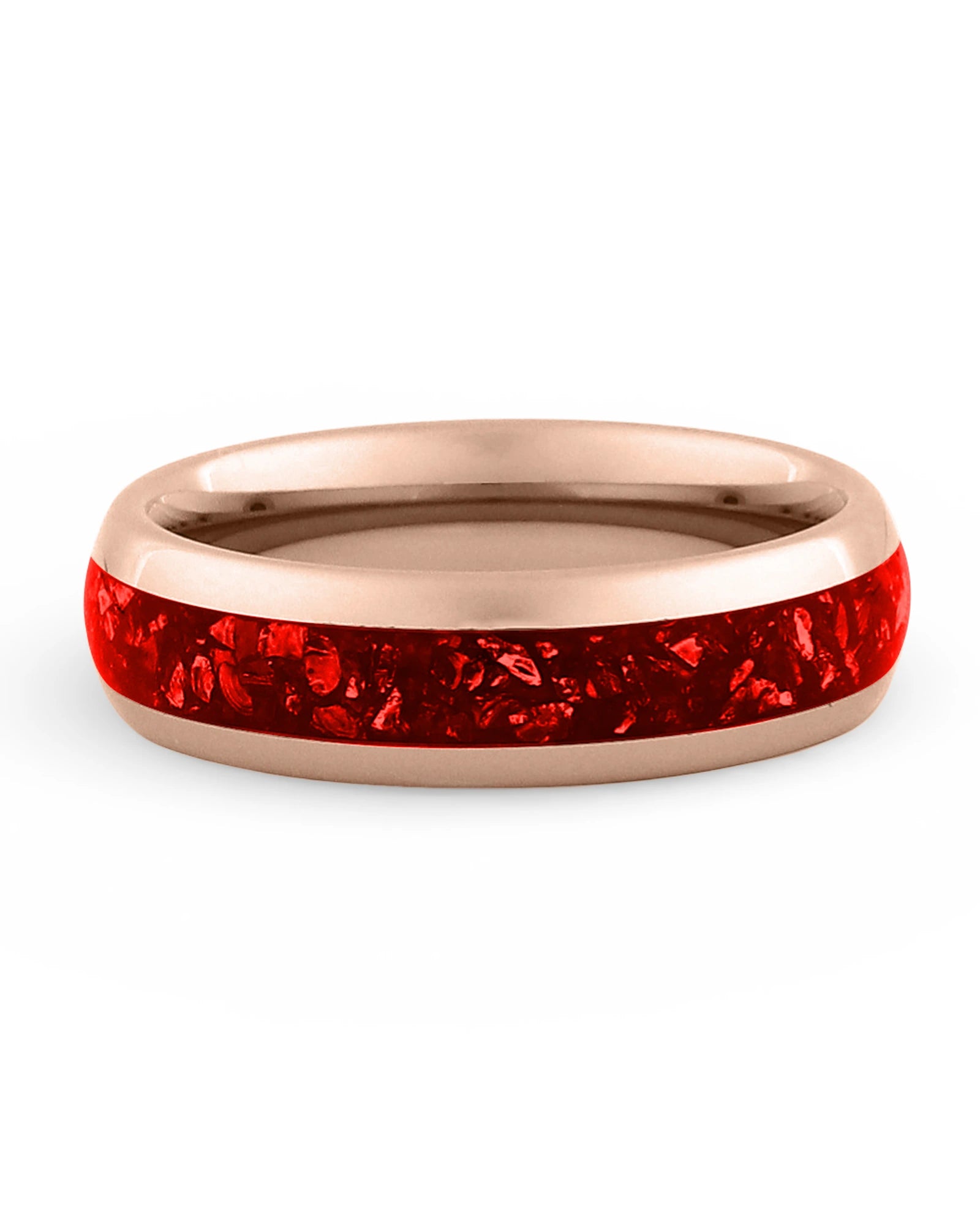 Front view of rose gold 6mm ruby tungsten wedding band