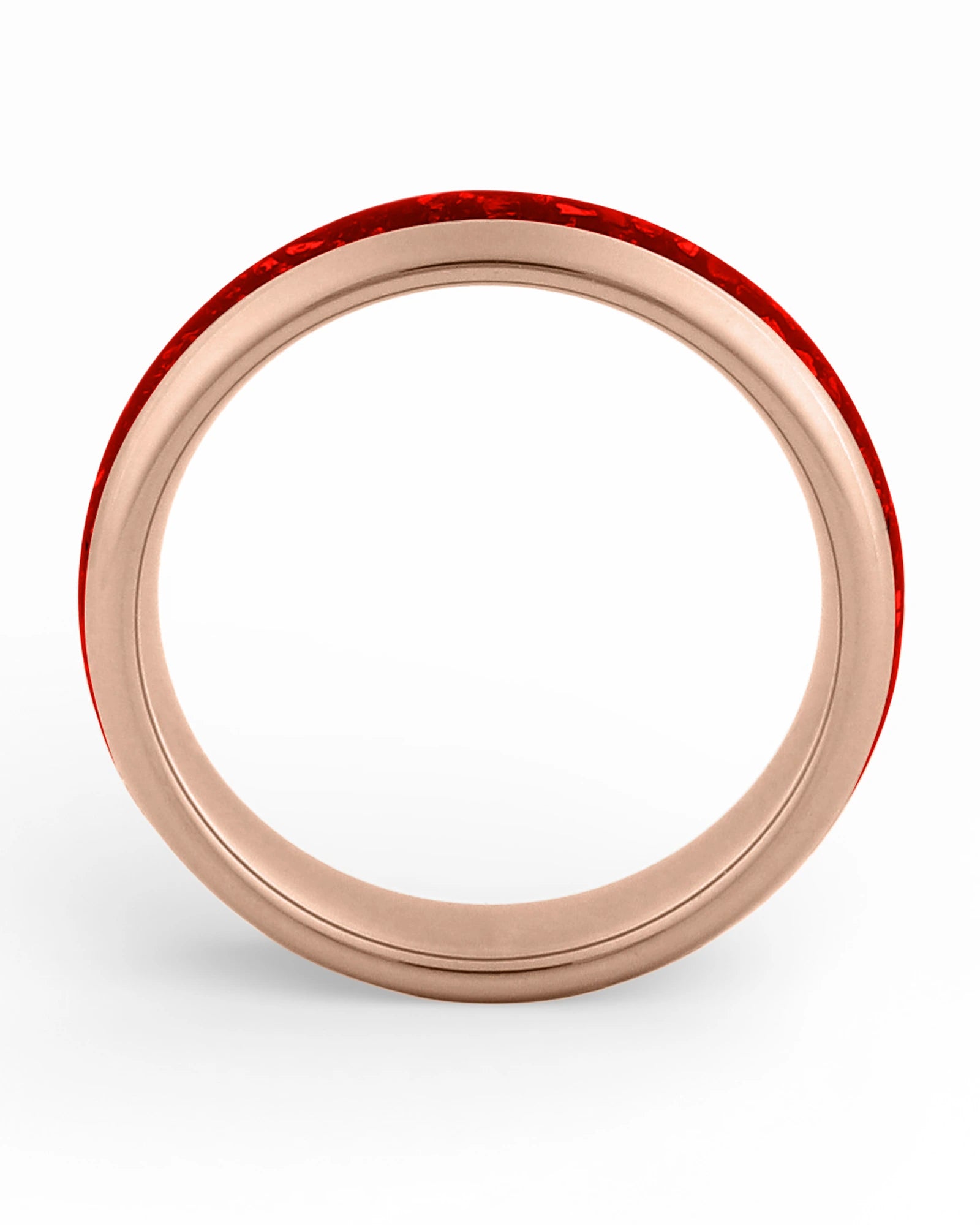 Side view of rose gold 6mm tungsten wedding ring with ruby inlay