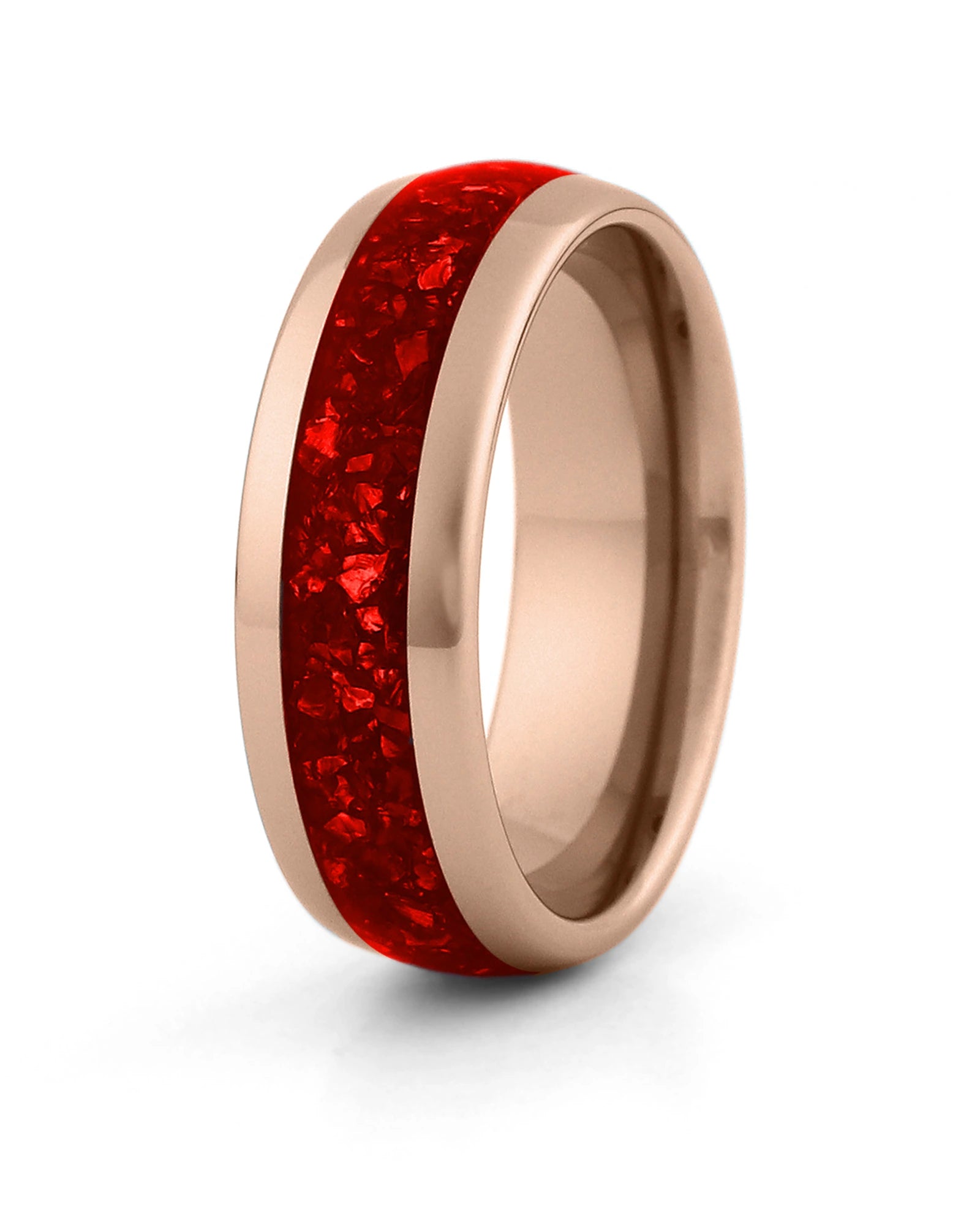 Men's rose gold tungsten wedding ring with ruby stone inlay, 8mm band