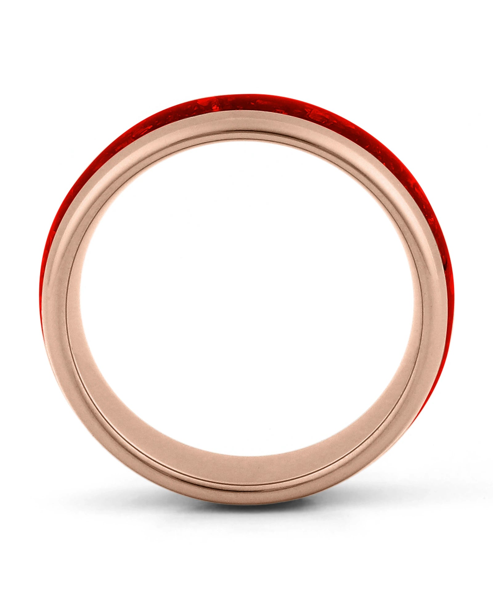Side view of rose gold 8mm tungsten wedding ring with ruby inlay