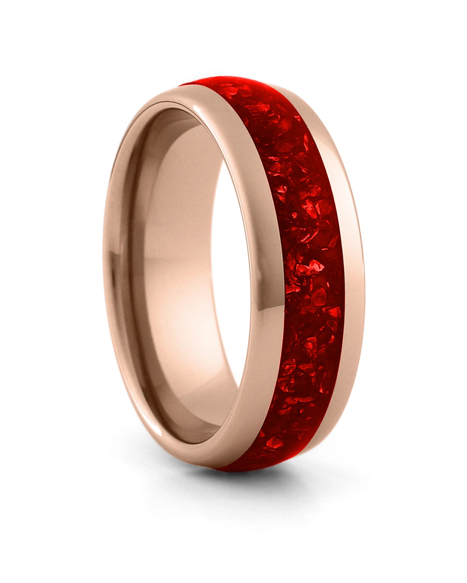 Rose gold 8mm tungsten ring with red ruby inlay shown at an angle