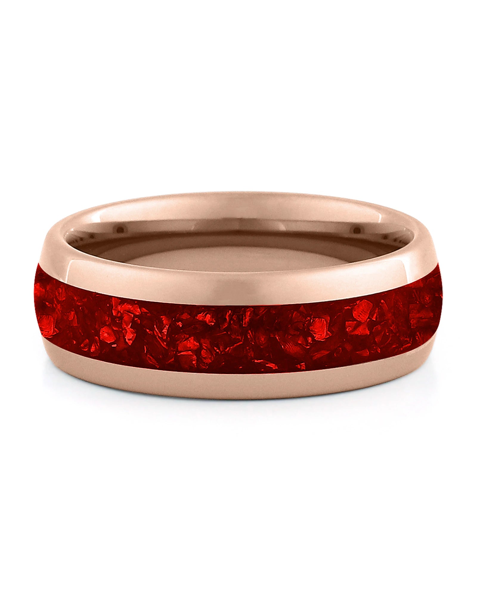 Front view of rose gold 8mm ruby tungsten wedding band