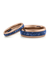 Matching rose gold wedding bands with blue sapphire stone inlays