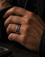 Man wearing a rose gold tungsten wedding ring with blue sapphire inlay