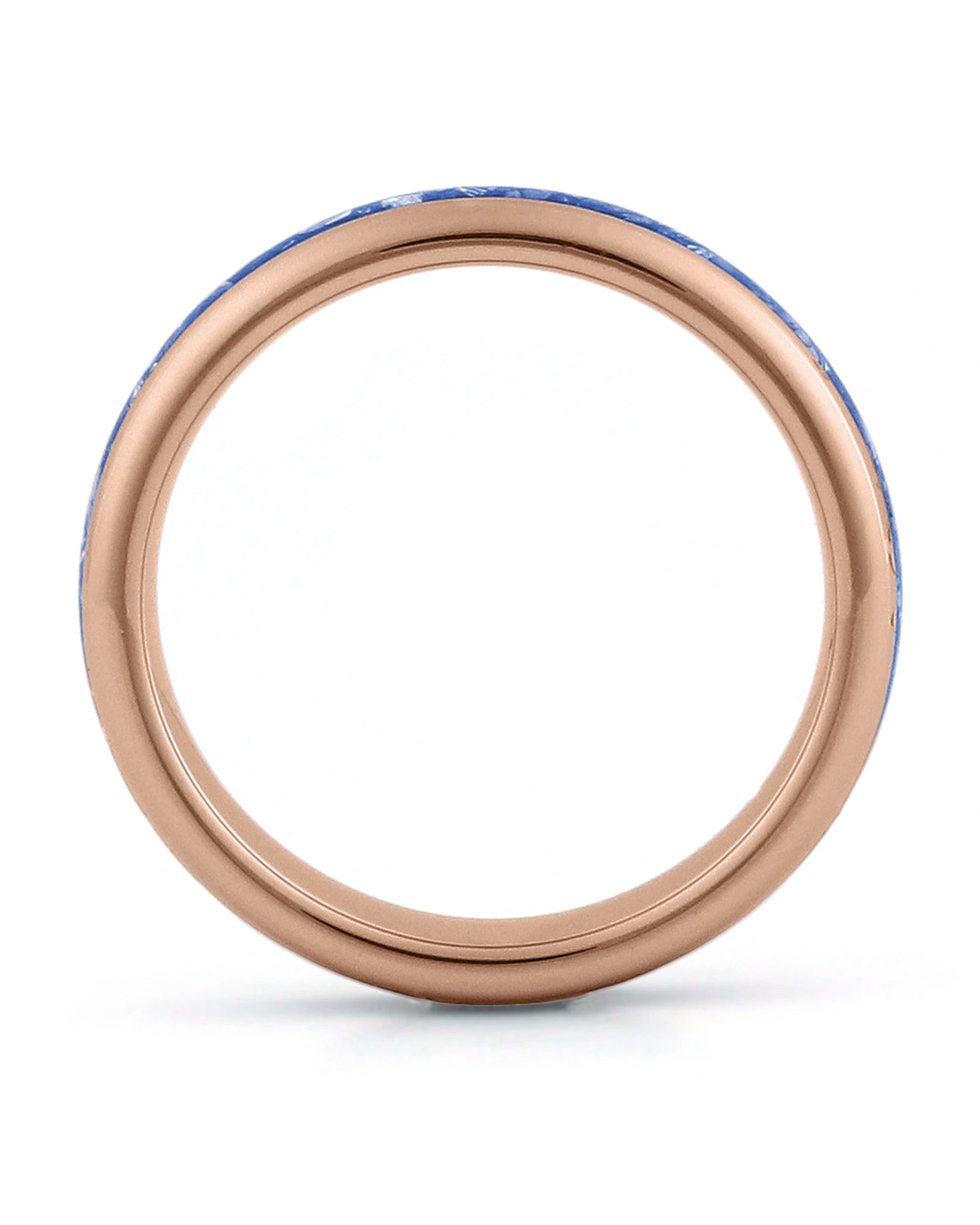 Side view of rose gold 4mm tungsten wedding ring with sapphire inlay