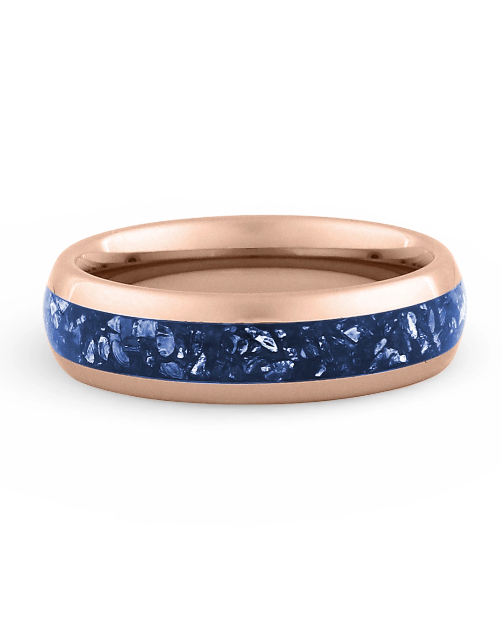 Front view of rose gold 6mm sapphire tungsten wedding band