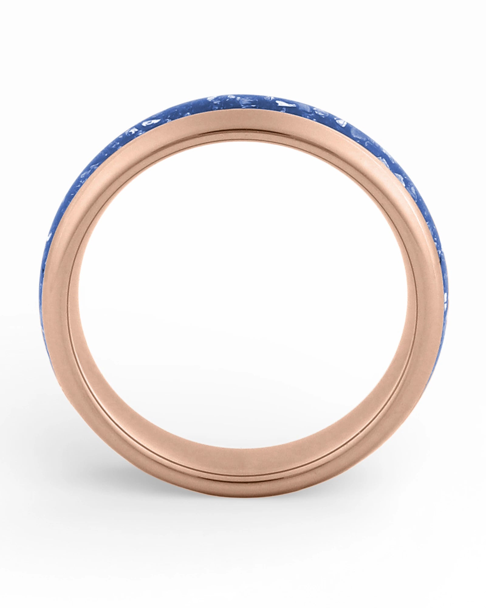 Side view of rose gold 6mm tungsten wedding ring with sapphire inlay