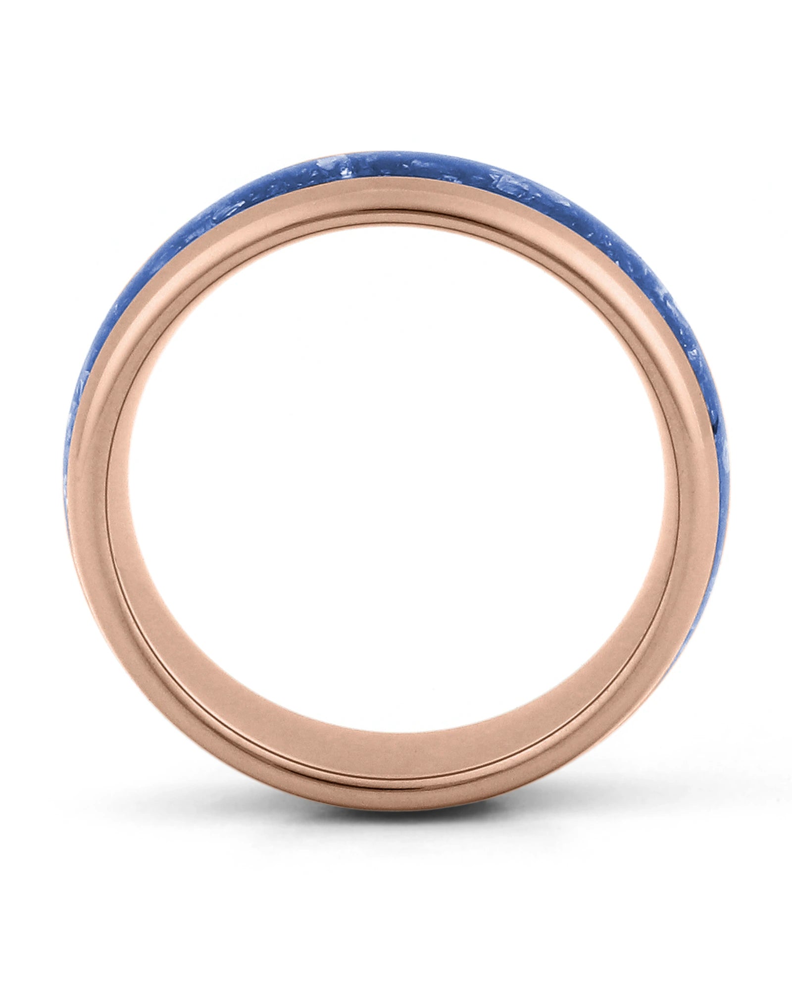 Side view of rose gold 8mm tungsten wedding ring with sapphire inlay