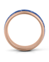 Side view of rose gold 8mm tungsten wedding ring with sapphire inlay
