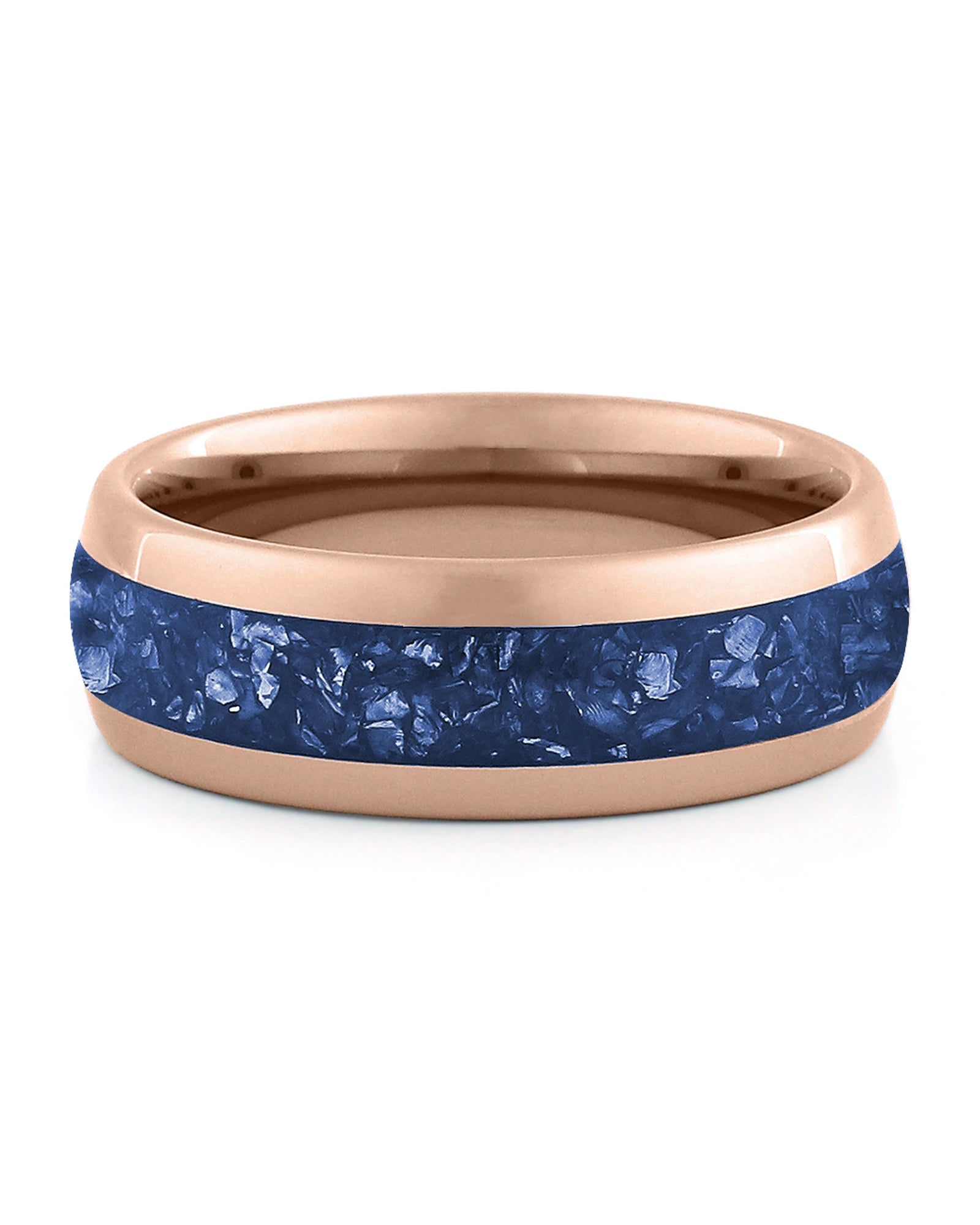 Front view of rose gold 8mm sapphire tungsten wedding band