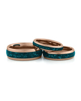 Rose gold turquoise tungsten couples wedding ring set shown together
