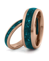 Matching rose gold tungsten wedding rings with turquoise inlays, including an 8mm band