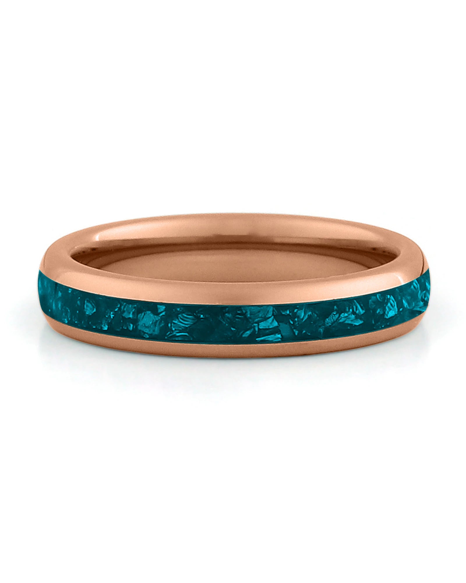 Front view of rose gold 4mm turquoise tungsten wedding band