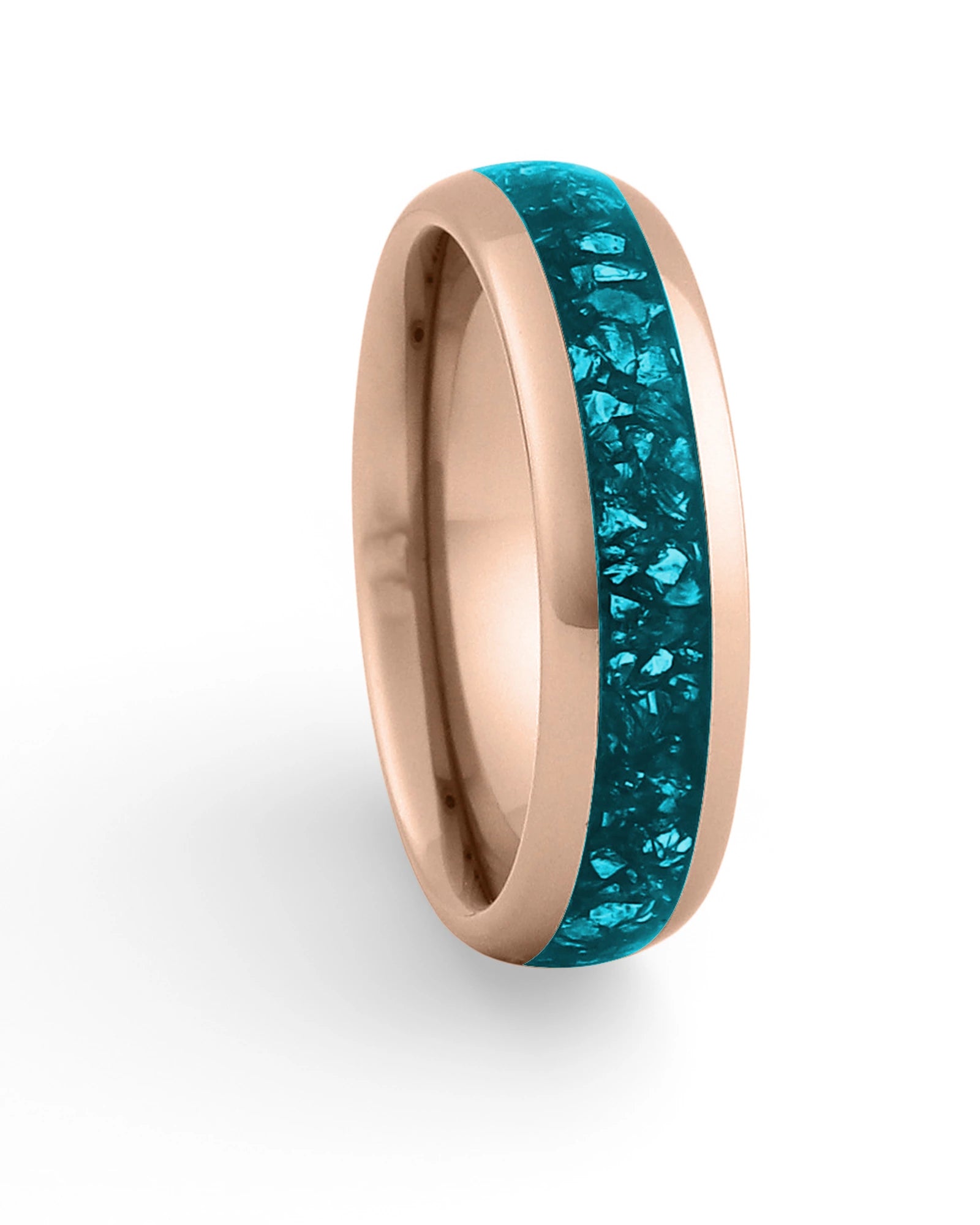 Rose gold 6mm tungsten ring with turquoise stone inlay shown at an angle