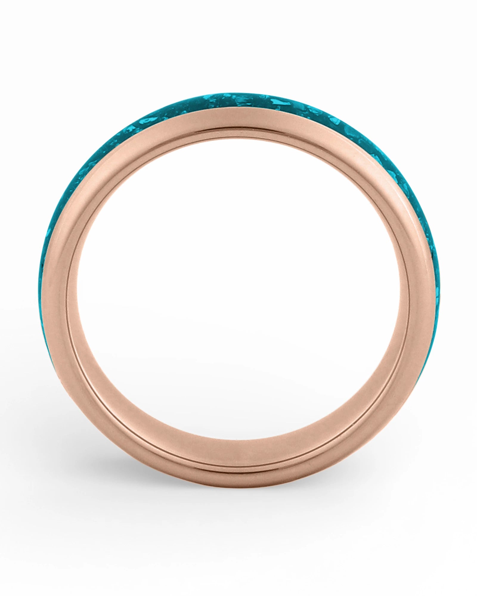 Side view of rose gold 6mm tungsten wedding ring with turquoise inlay