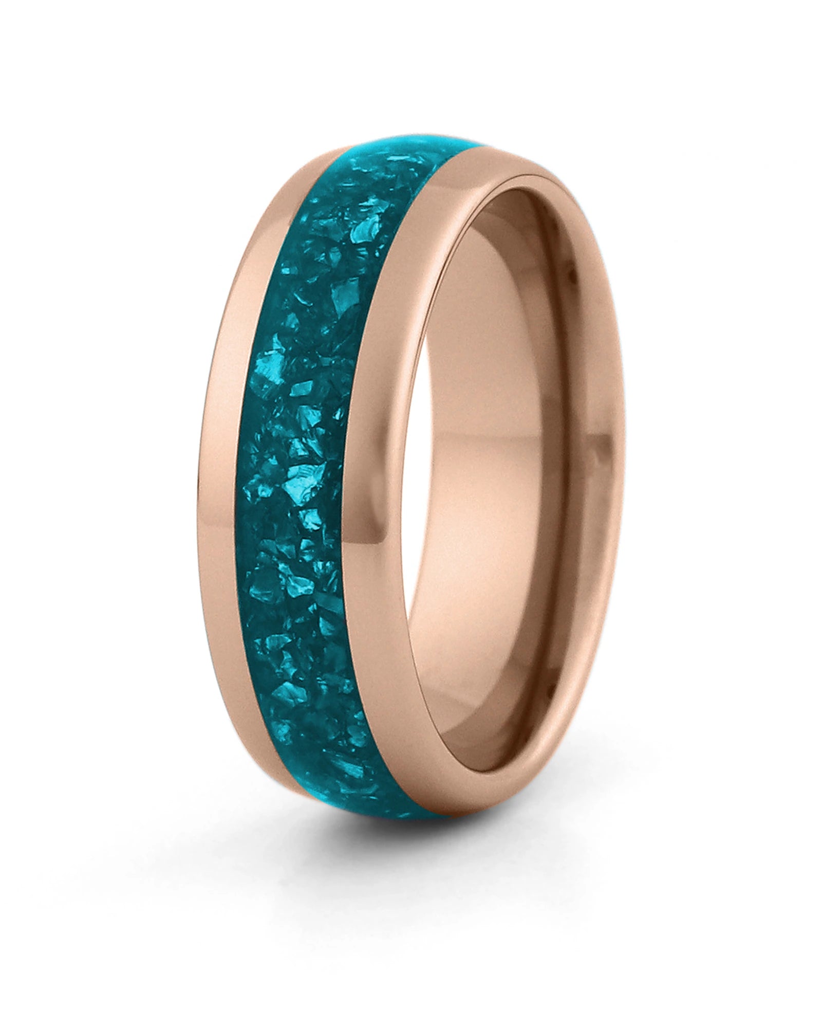 Men's rose gold tungsten wedding ring with turquoise stone inlay, 8mm band